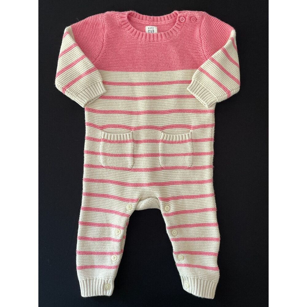 ~ BabGap 3-6 mo 1-piece Sweater Knit Romper Pink Cream Long Pockets 100% Cotton